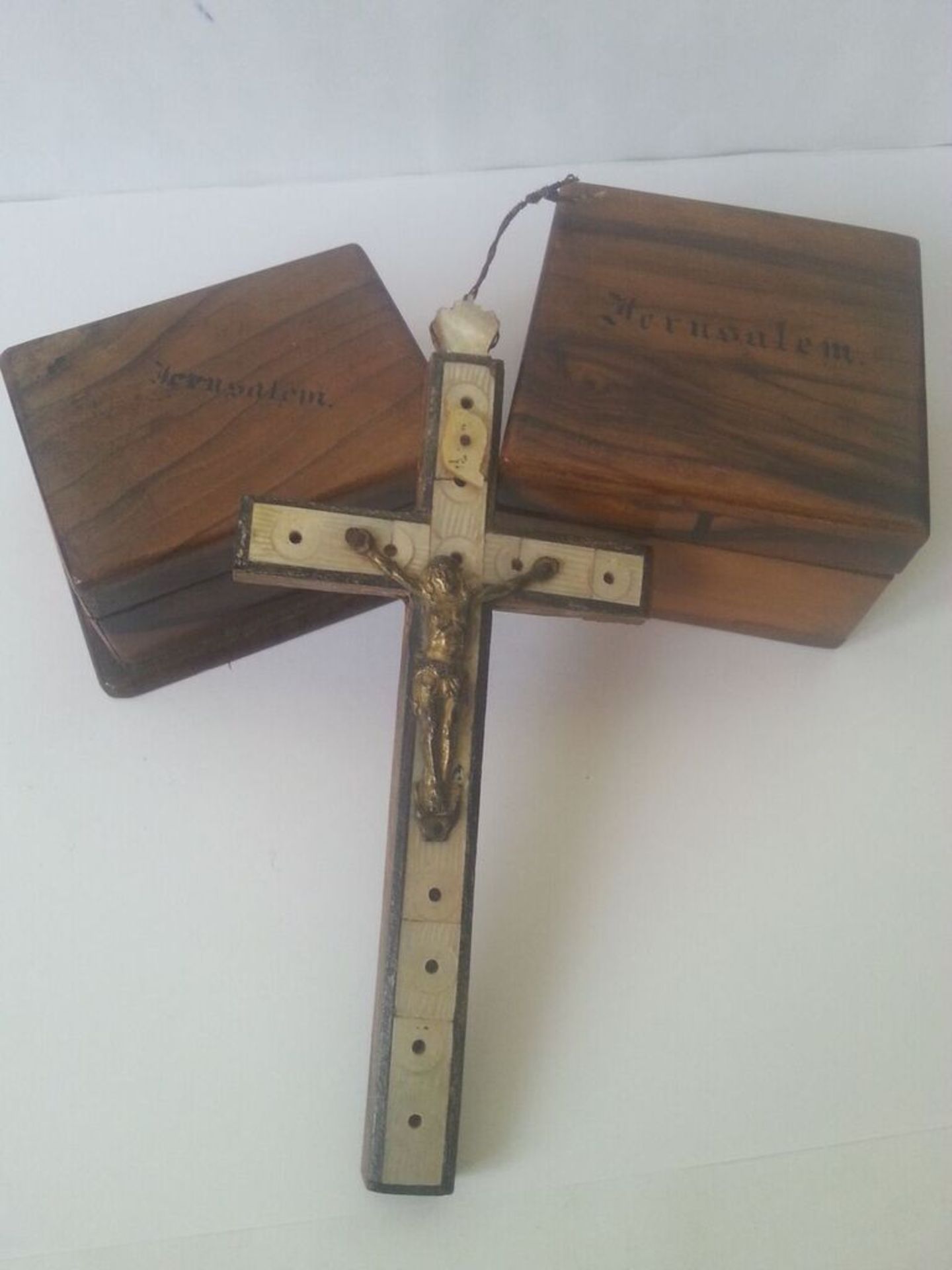 Collection of vintage Jerusalem olive wood items to include two boxes and a crucifix