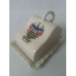 Gemma crested china miniature cheese dish with crest of Blackpool. Some rubbing to gilt work but