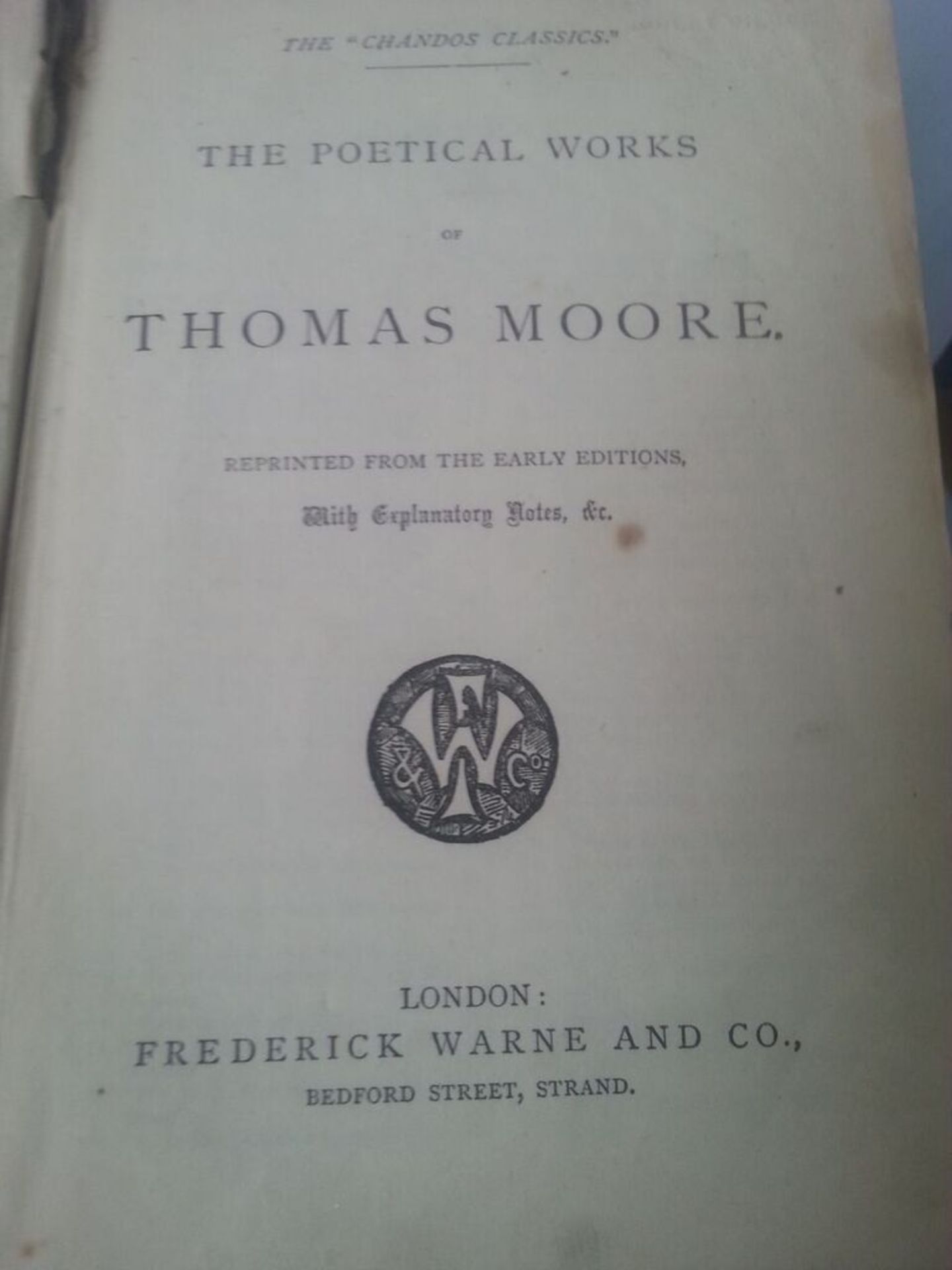 Antique book "The Poetical Works of Thomas Moore" The Chandos Classics London; Frederick Warne & Co