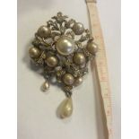 Large vintage marquesite and faux pearl set brooch