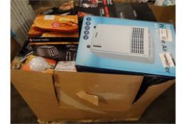 1 x Large Pallet (RT19) Approx. 4 foot high to include: Portable air cooler, Russell Hobbs Desire