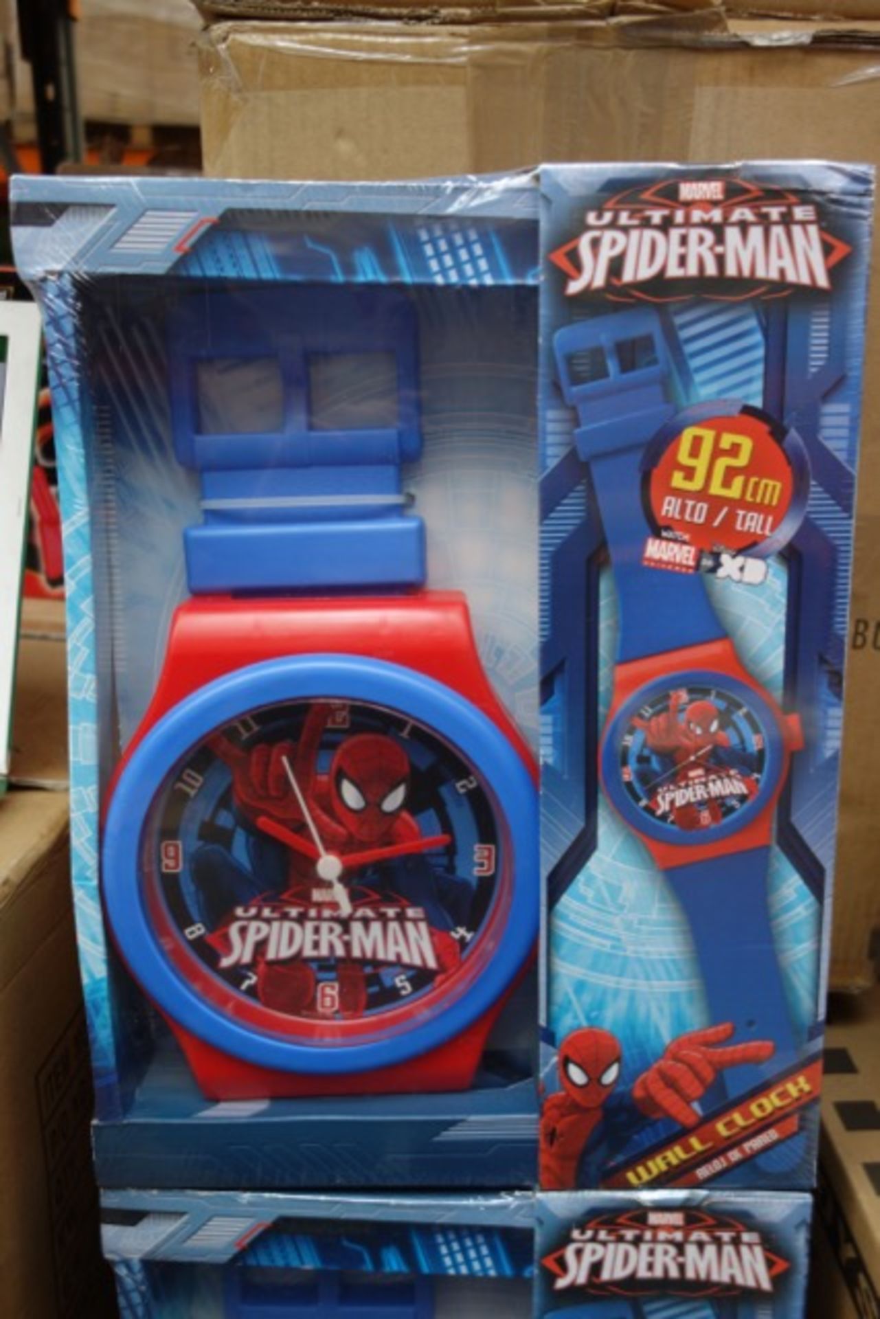 PALLET to contain 42 x Marvel Ultimate Spider-Man 92cm Tall Watch Wall Clocks. RRP £19.99 each,