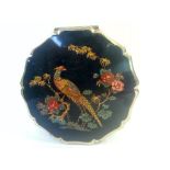 Vintage Stratton compact with Pheasant and floral decoration on black ground with scalloped edge.