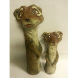 Pair of signed pottery meerkat figures, both in very good condition. The larger measuring approx