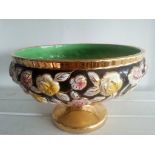 Showy VICTORIAN pedestal bowl decorated in brightly coloured glazes, roses in relief and handpainted