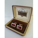 Vintage designer red crystal cufflinks. Louis Philippe couture. Box covered/lined in brown velvet.