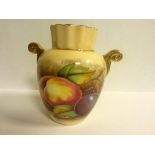 Miniature Aynsley twin gilt handled vase with fruit & floral decoration by N Brunt.