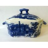 Antique flow blue and white covered tureen or butter dish having a transferware scene. Windmill