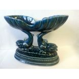 Striking pedestal dish featuring pair of fish decorated in a high shine blue glaze, measuring approx