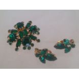 Vintage green stone brooch with matching clip earrings, the brooch measuring approx 4cm diameter,