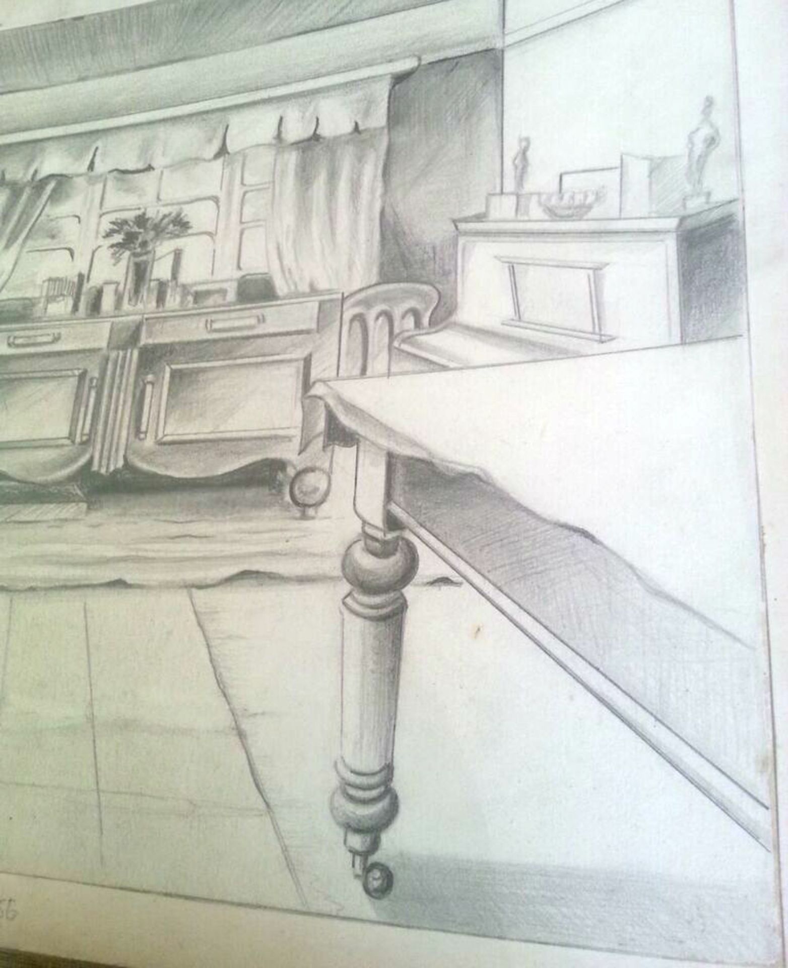 AN INTERESTING 1950S ORIGINAL PENCIL SKETCH TITLED "JO'S HOME LIVING ROOM 10 VENTNOR PLACE GABALFA - Image 3 of 3