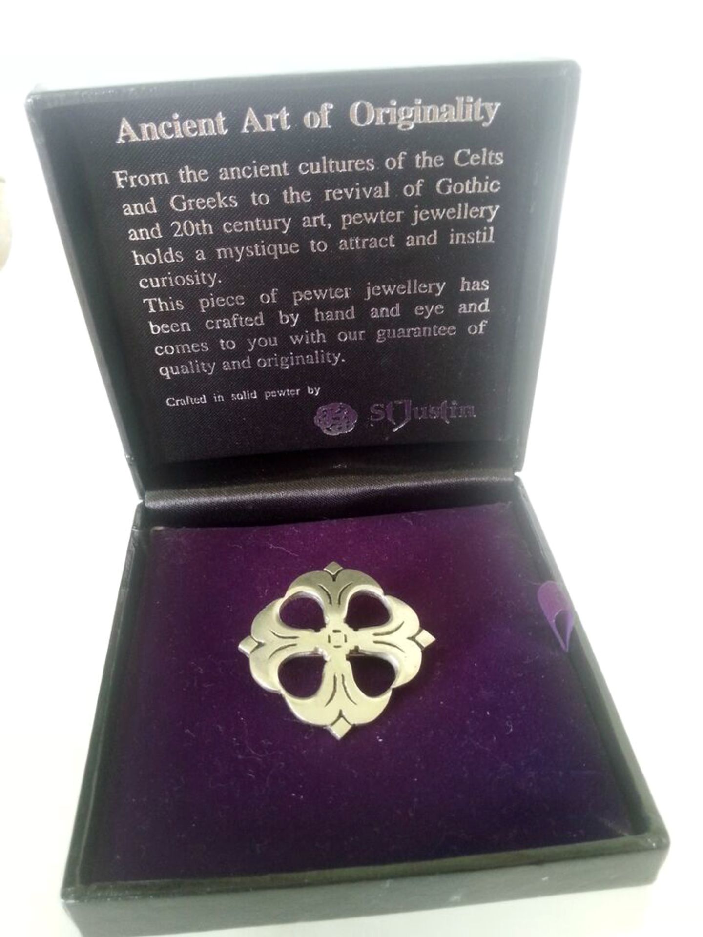 PEWTER CELTIC S JUSTIN BROOCH IN ORIGNAL BOX. Low cost delivery available on all items. This is a