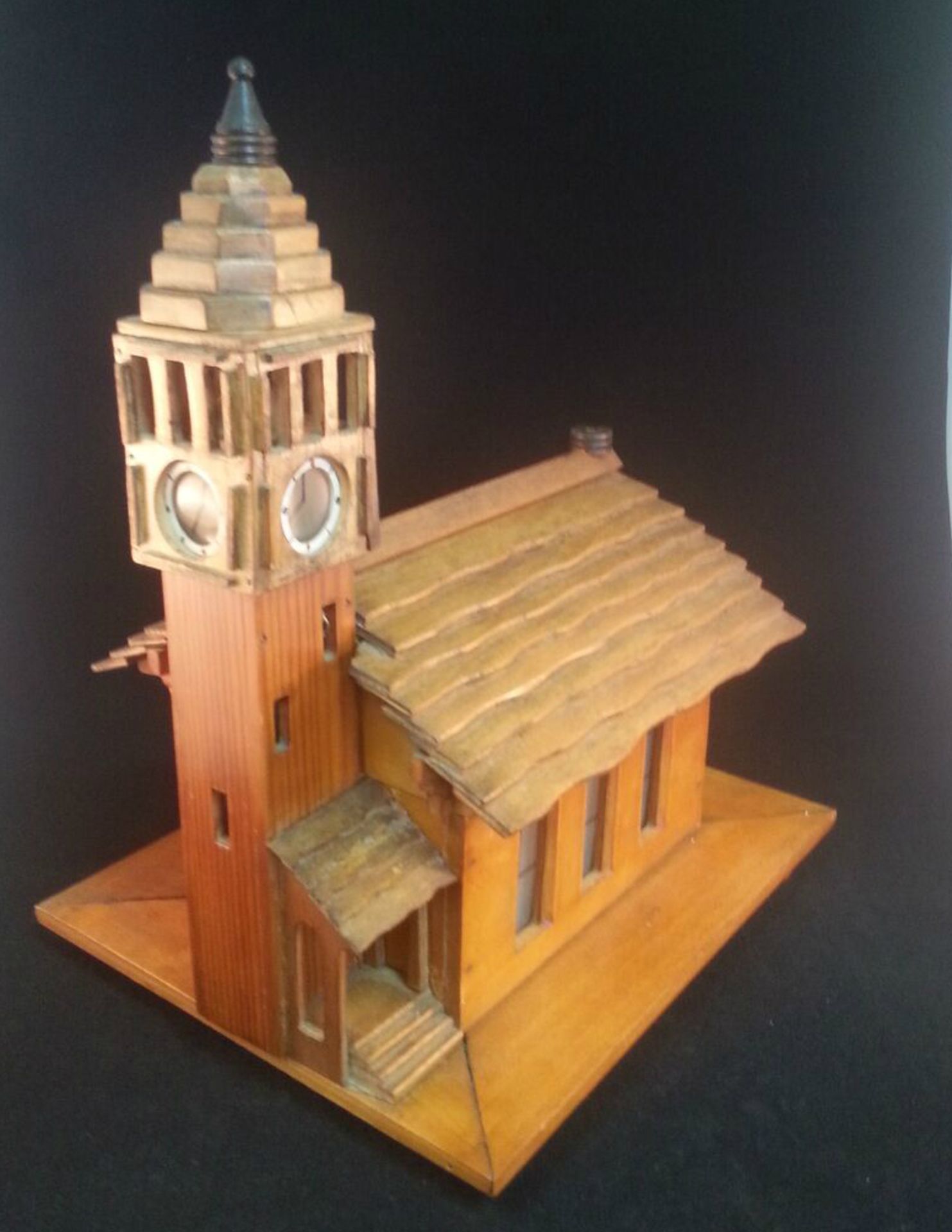 STUNNING HANDMADE WOODEN CHURCH OR CHAPEL FITTED WITH A WORKING REUGE STE CROIX 18 NOTE MUSIC BOX.