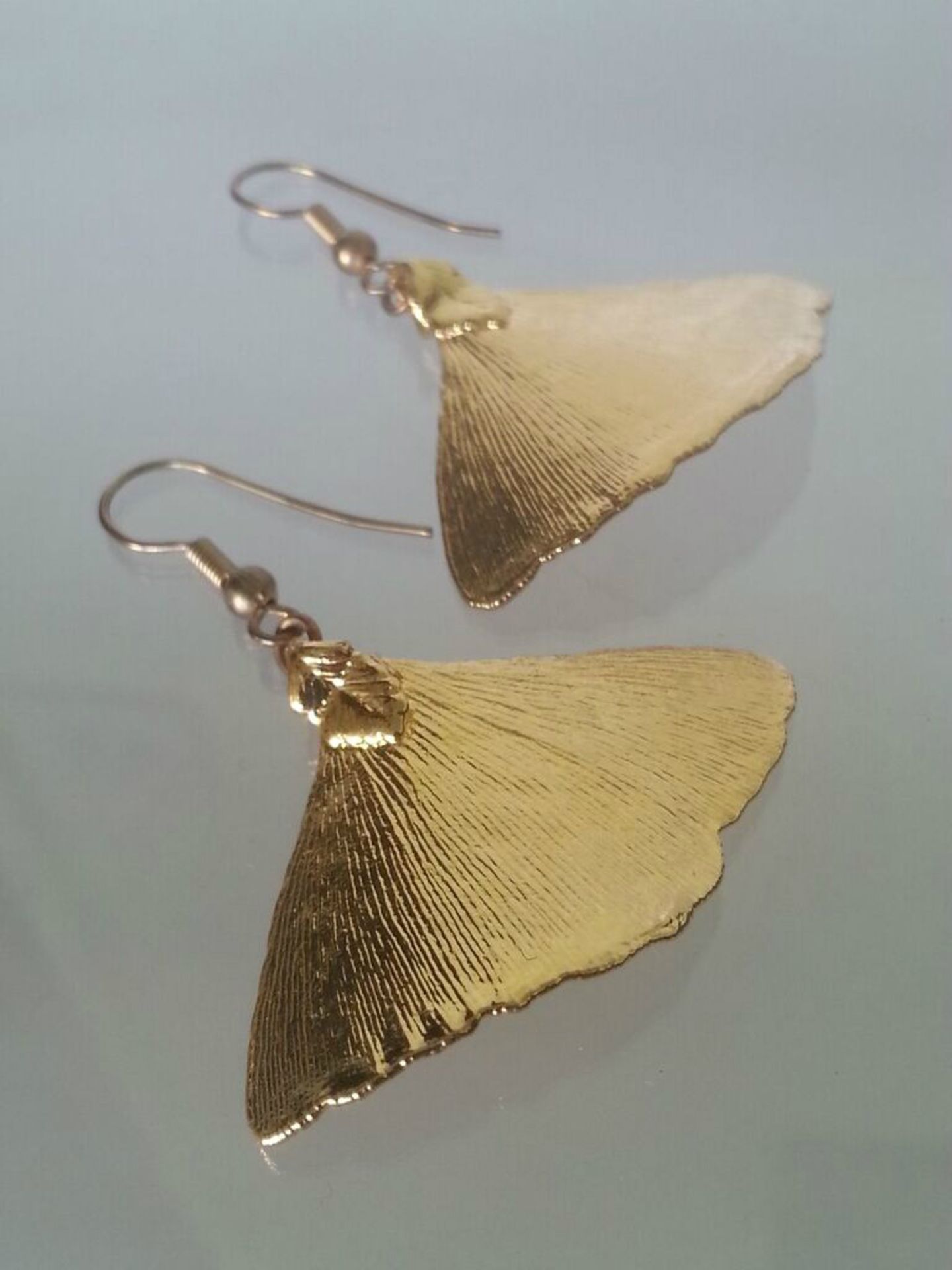 PAIR OF BOXED EARRINGS - REAL LEAVES COATED IN 24 CARAT GOLD. Dimensions - 3.5cm across. Complete