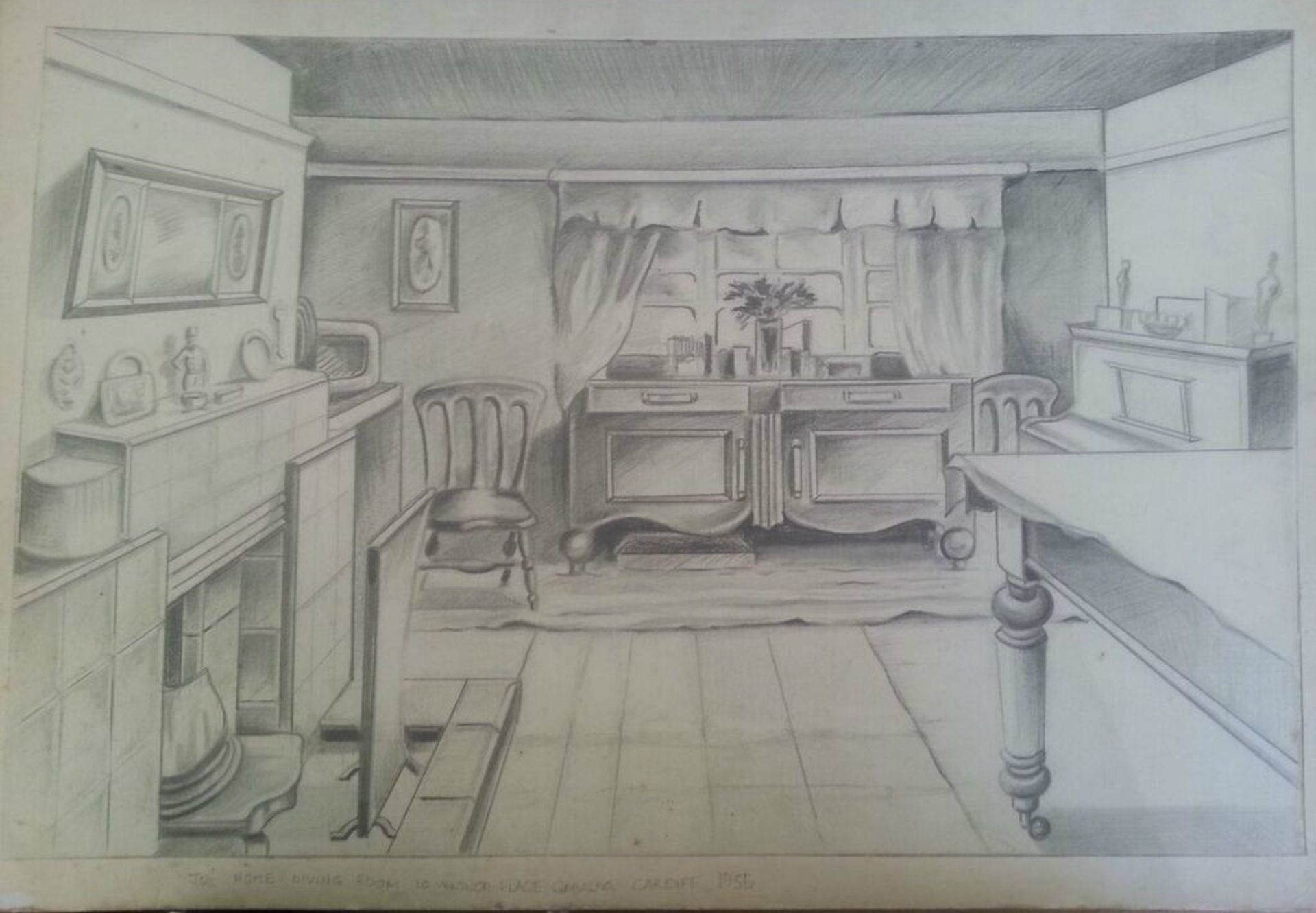 AN INTERESTING 1950S ORIGINAL PENCIL SKETCH TITLED "JO'S HOME LIVING ROOM 10 VENTNOR PLACE GABALFA