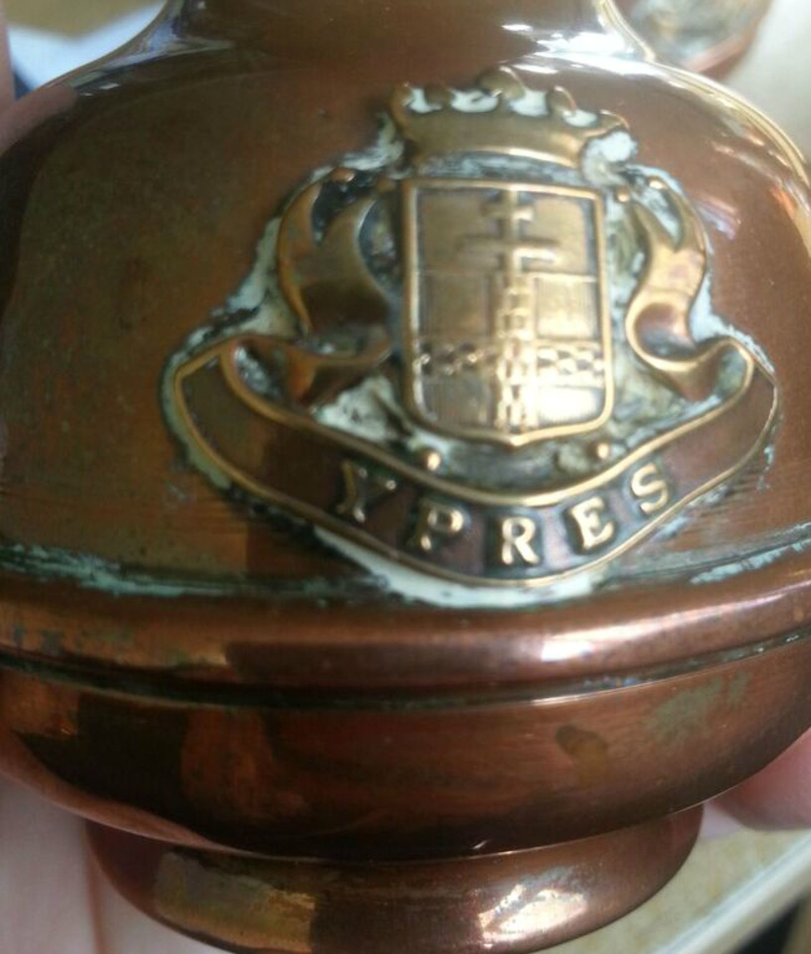 A PAIR OF WWI SOUVENIR OR TRENCH ART VASES WITH CREST OF YPRES. A super pair, copper & brass. Each - Image 2 of 2