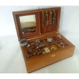 VERY LARGE WOODEN JEWELLERY BOX, OFFERED WITH CONTENTS AS SHOWN. Predominantly 1950s brooches,