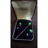 Green stones Guilt metal cufflinks and tie pin in box