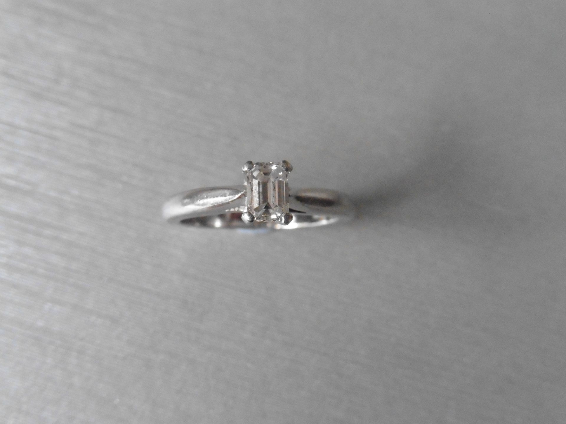 Pre-owned platinum solitaire with an emerald cut diamond of I colour and SI clarity, weighing 0. - Image 4 of 5