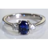 18CT WHITE GOLD & ROYAL BLUE SAPPHIRE & DIAMOND TRILOGY RING- SIZE N - TOTAL DIAMOND CONTENT APPROX: