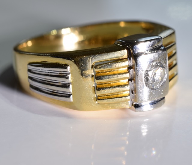 A gentleman's 18ct gold diamond ring. Size T. Of bi-colour design, the brilliant-cut diamond, - Image 2 of 3