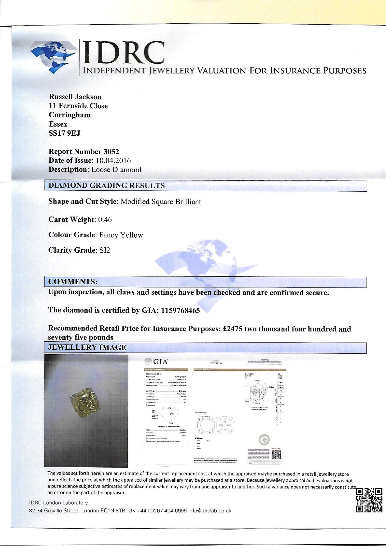 0.46 carat Modified Square Brilliant Diamond - Image 4 of 4