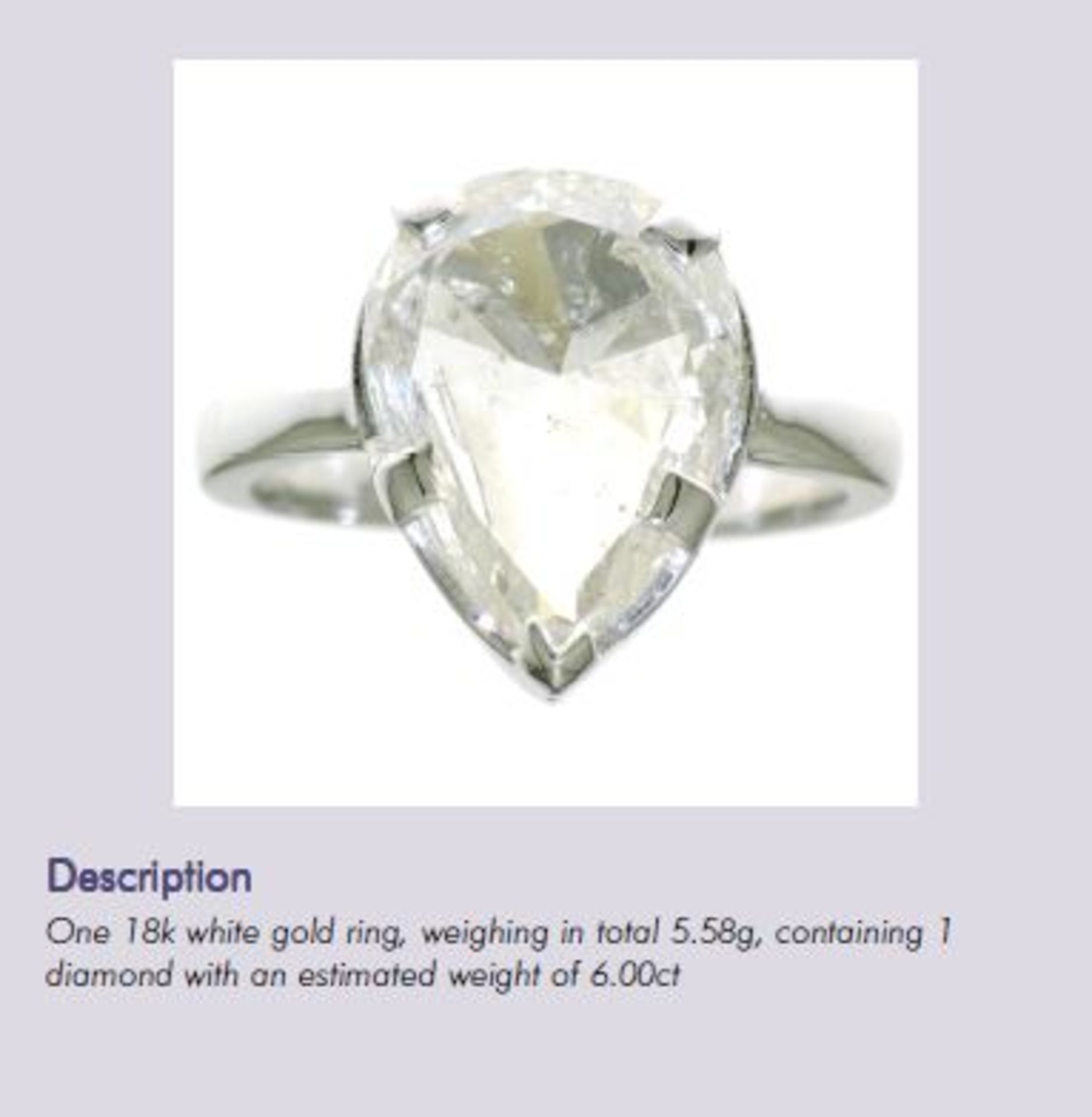 6.04 ct Pear-cut Diamond Solitaire Ring set in 18k White Gold band. - Image 6 of 6