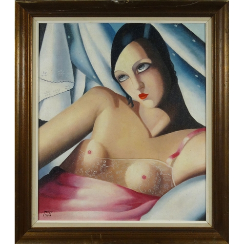 Signed Art Deco (La chemise rose) oil painting. - Image 2 of 4