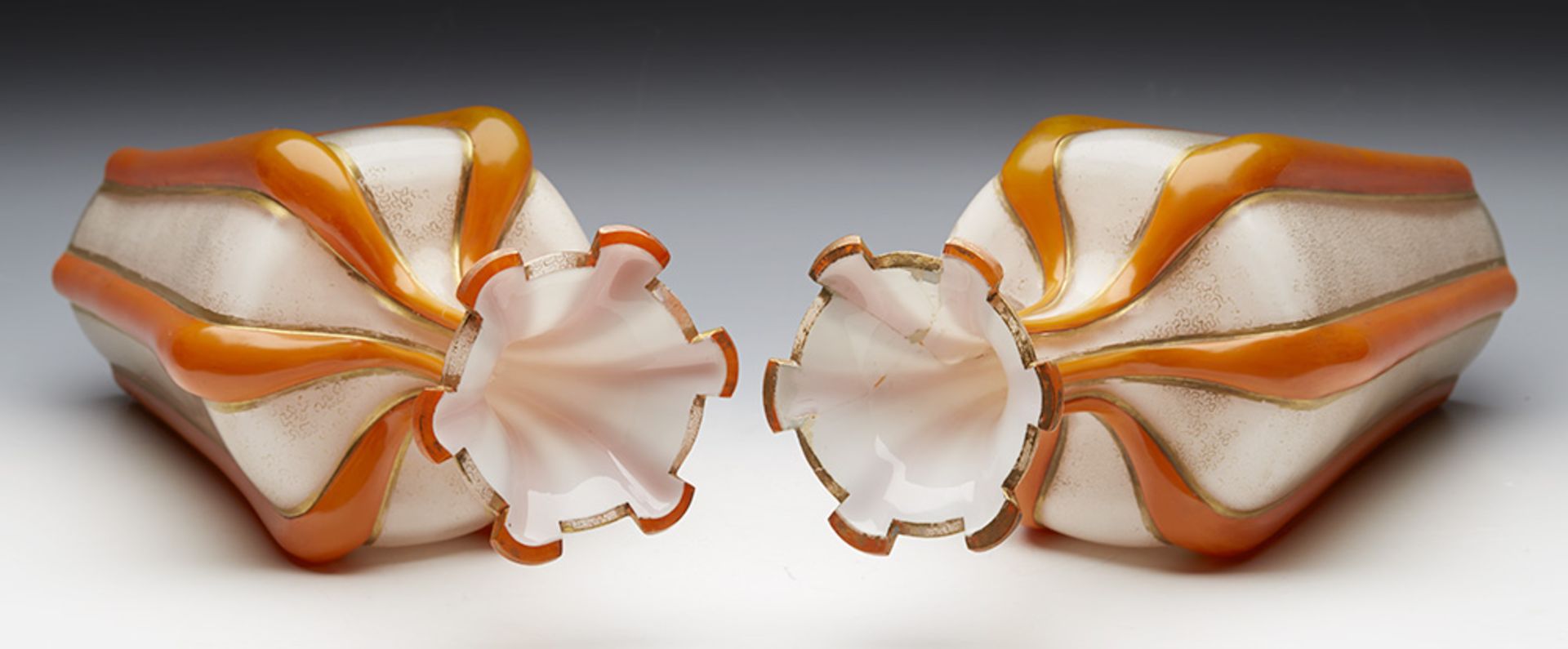 Antique Pair English/Bohemian Orange Vermicular Glass Vases C.1855 - Image 2 of 11