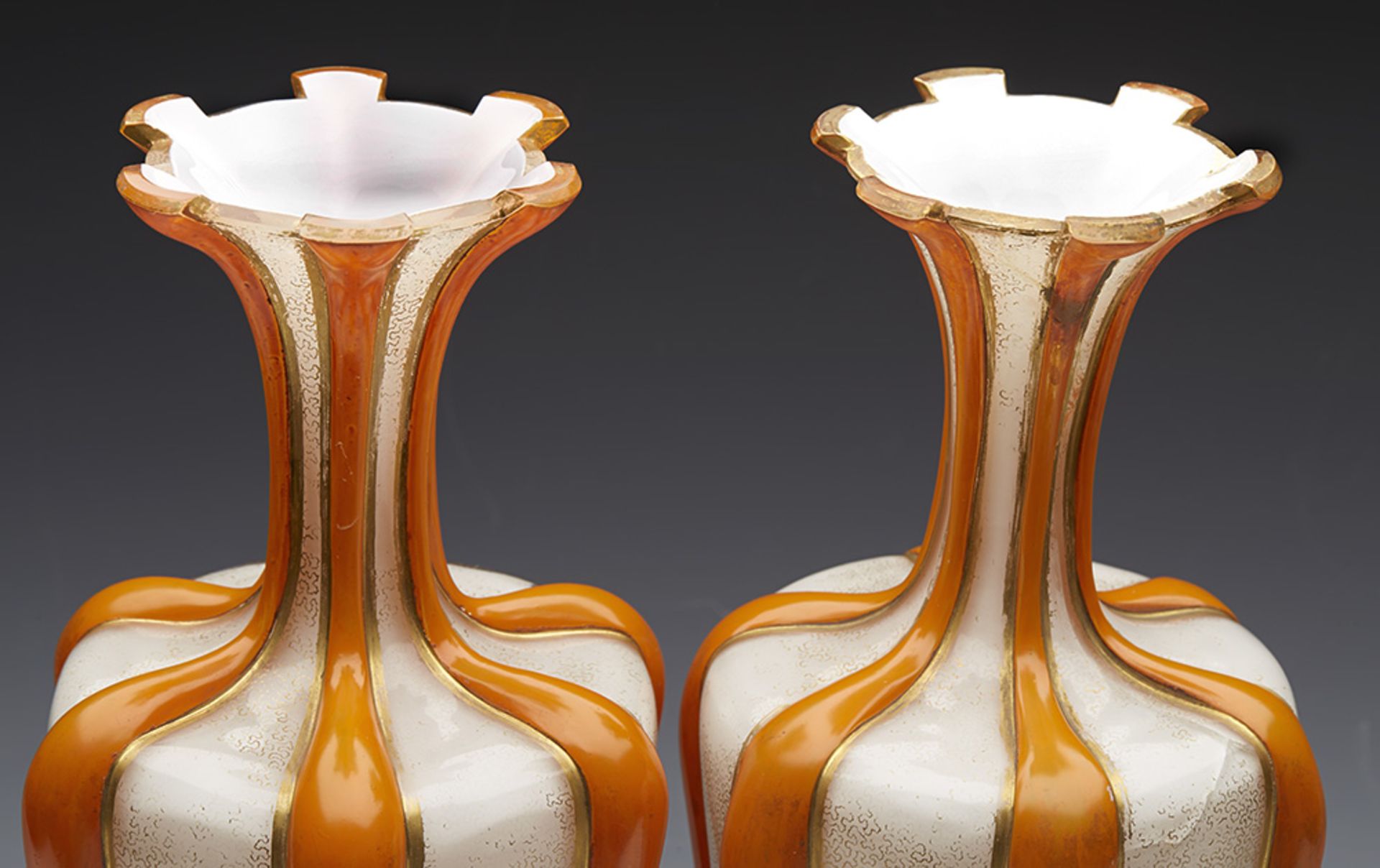 Antique Pair English/Bohemian Orange Vermicular Glass Vases C.1855 - Image 7 of 11