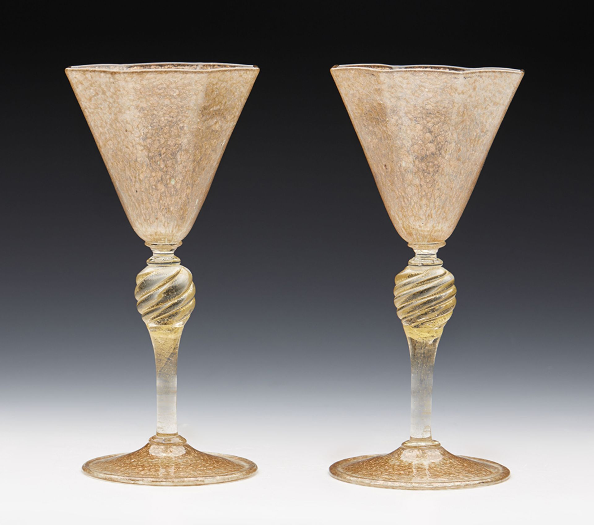 Pair Vintage Venetian Aventrine Wine Glasses 20Th C.