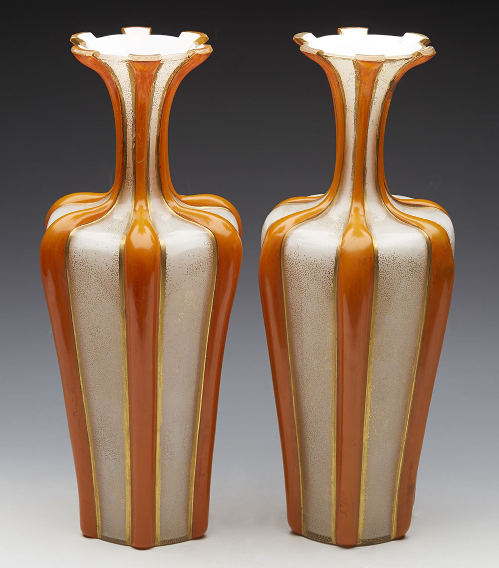 Antique Pair English/Bohemian Orange Vermicular Glass Vases C.1855 - Image 10 of 11