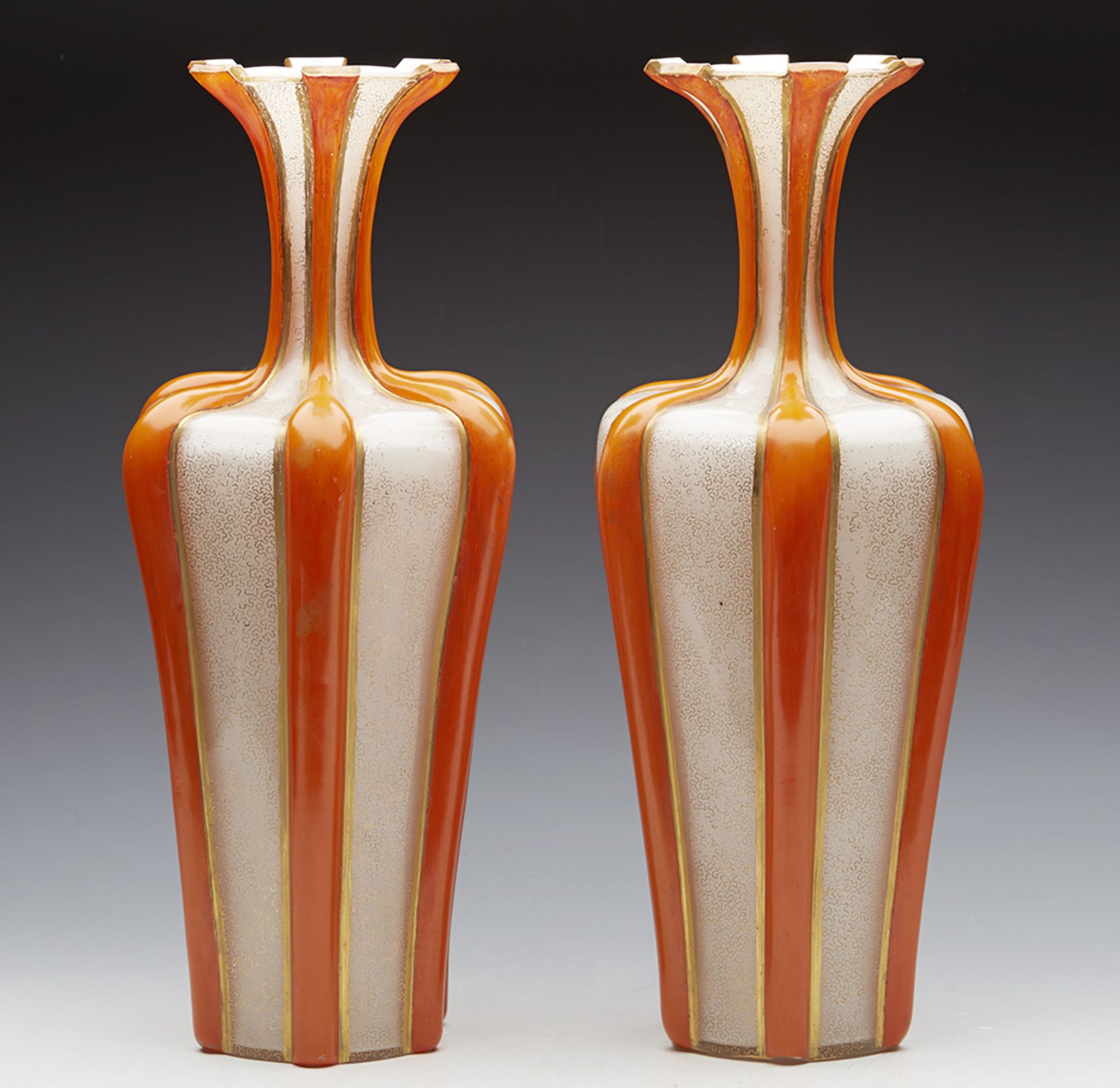 Antique Pair English/Bohemian Orange Vermicular Glass Vases C.1855 - Image 4 of 11