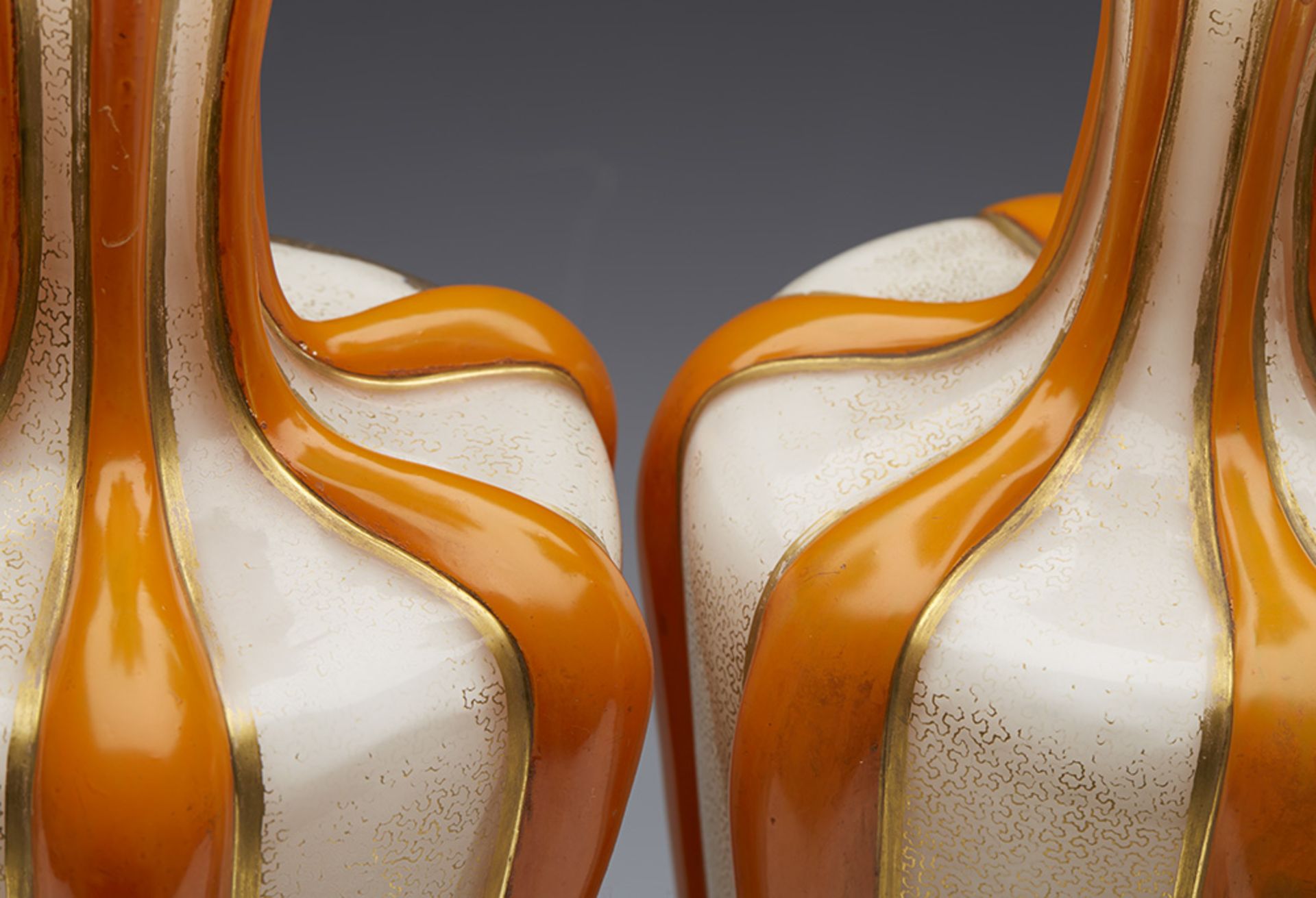 Antique Pair English/Bohemian Orange Vermicular Glass Vases C.1855 - Image 5 of 11