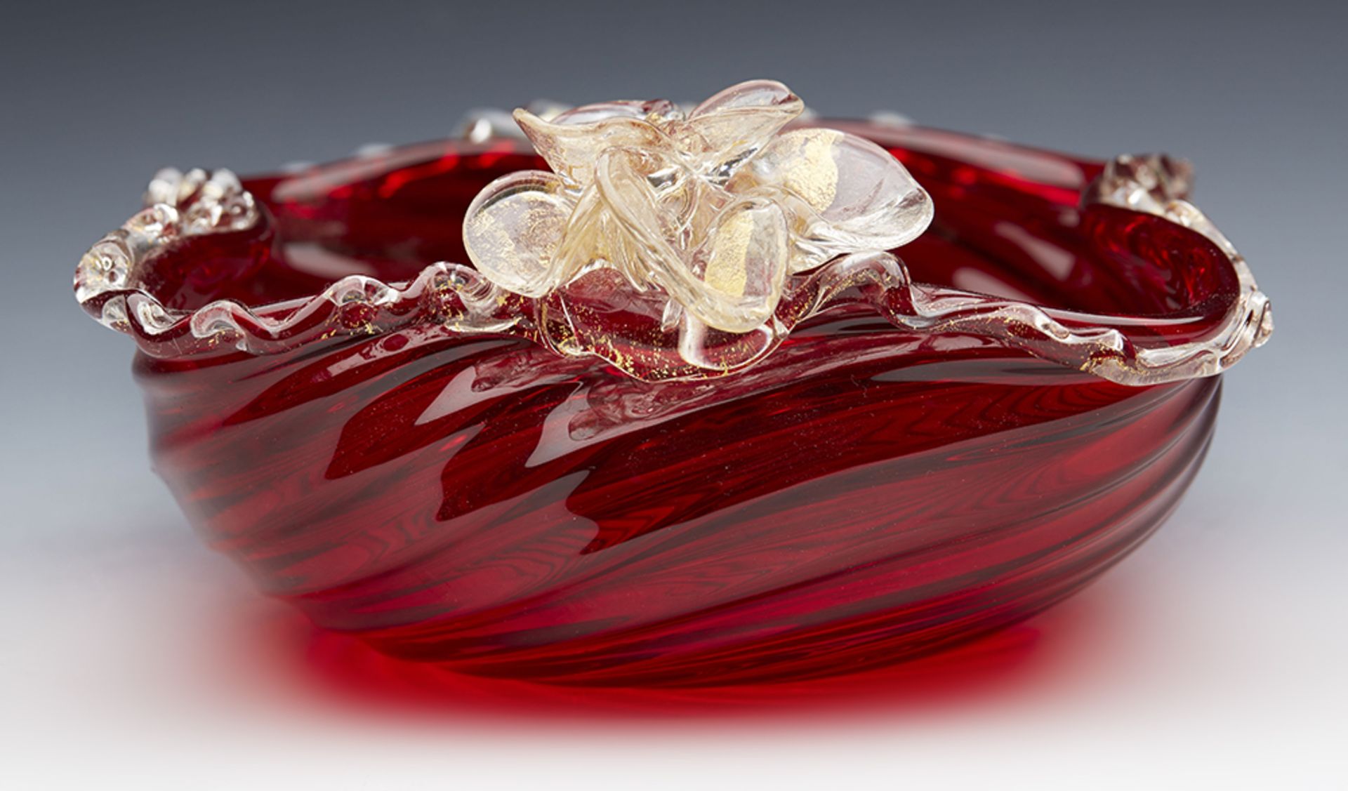 VINTAGE MURANO RED GLASS SWIRL DESIGN BOWL WITH APPLIED FLOWER c.1960