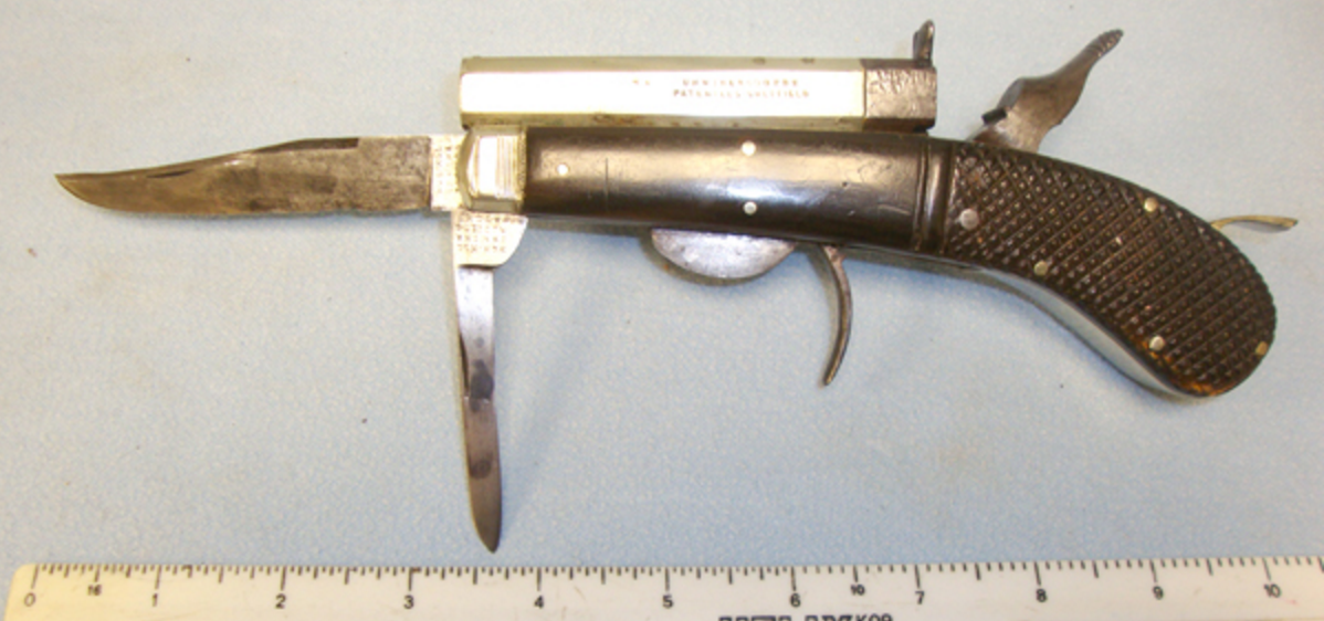 Quality, English, C1850's Unwin & Rodgers Patent 'NON* XLL' .25 Rim Fire Calibre knife Pistol - Image 3 of 3