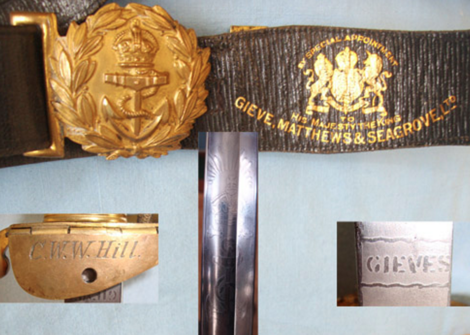 WW1 / WW2 Era British Royal Navy Officer’s King’s Crown Sword By Gieves To C.W.W. Hill - Image 2 of 3