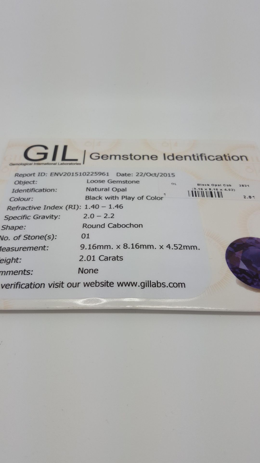 2.01 ct Natural Loose Certified Black Opal with play of colour - Image 2 of 2