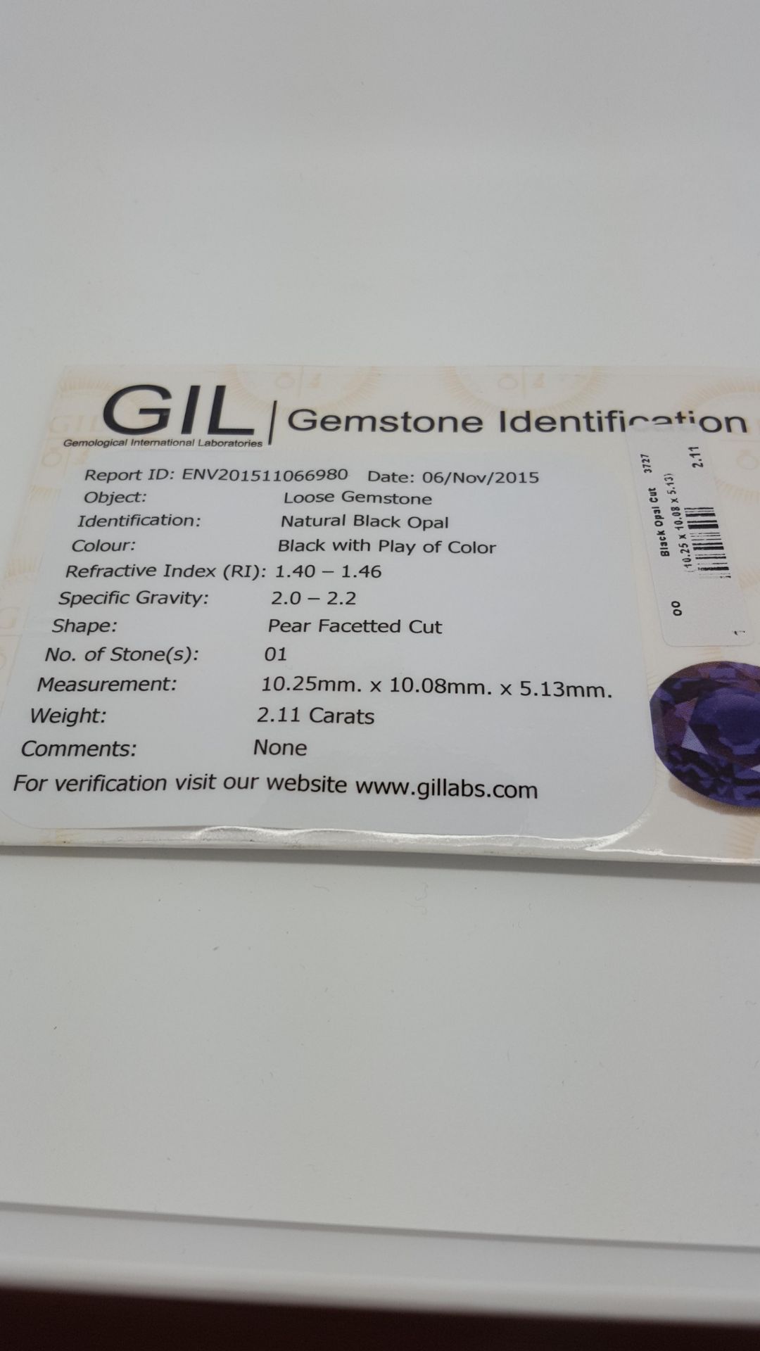 2.11 ct natural loose certified black opal with play of colour - Image 2 of 2