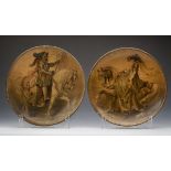 ANTIQUE PAIR LADY AND KNIGHT ON HORSEBACK PAPIERMACHE PLAQUES 1882