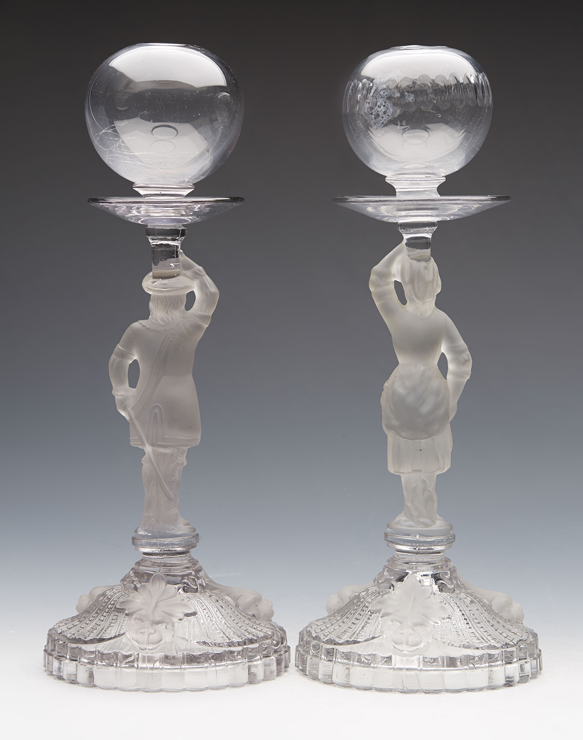 PAIR ANTIQUE GLASS FIGURAL LACE MAKERS LAMPS 19TH C. - Image 6 of 8