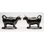 ANTIQUE PAIR JACKFIELD BLACK & GILT COW CREAMERS 19TH C.