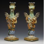 PAIR ANTIQUE CANTAGALLI MAIOLICA GRIFFEN CANDLESTICKS 19TH C.