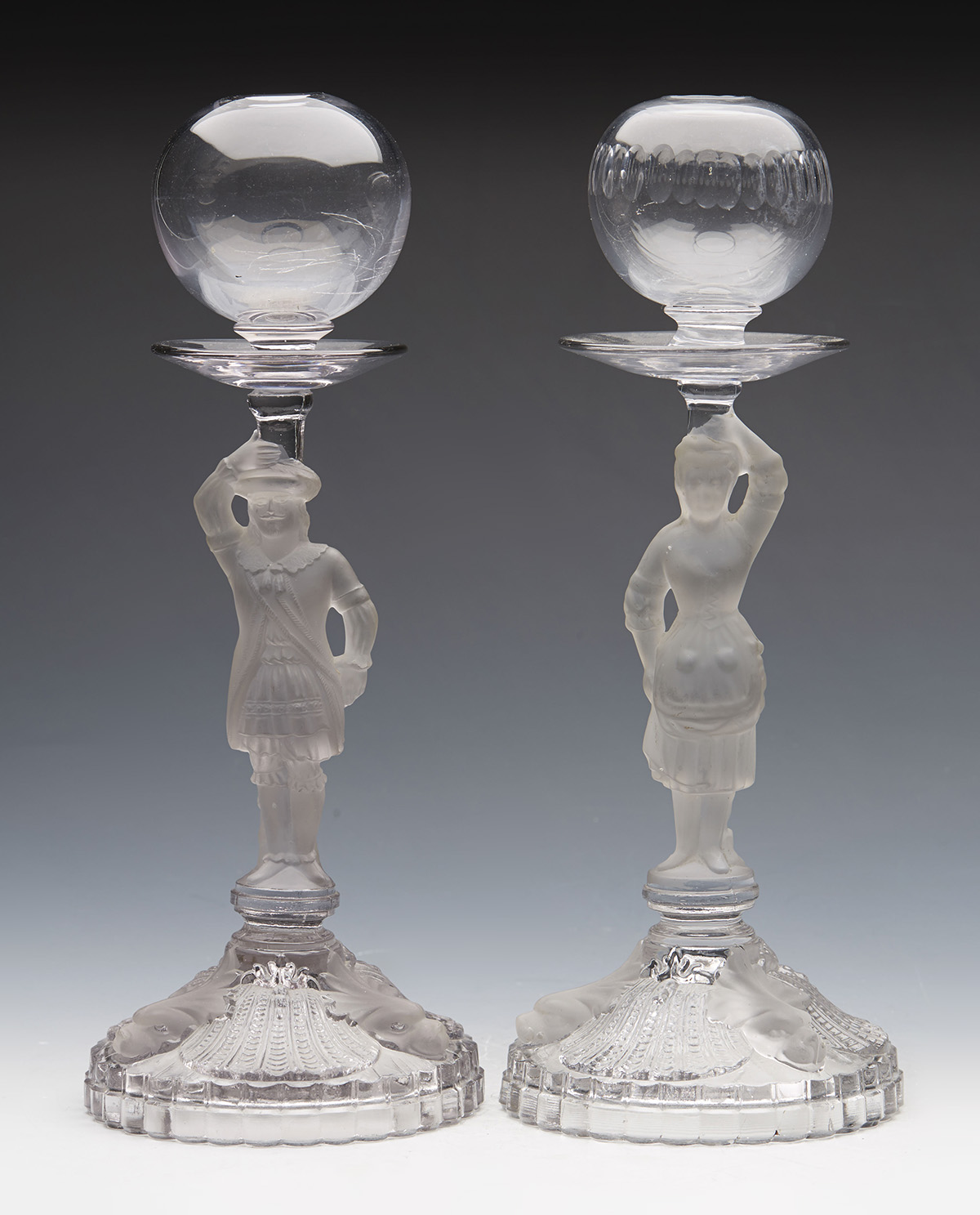 PAIR ANTIQUE GLASS FIGURAL LACE MAKERS LAMPS 19TH C.