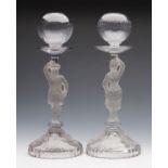 PAIR ANTIQUE GLASS FIGURAL LACE MAKERS LAMPS 19TH C.