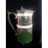 VICTORIAN WATER JUG WITH HINGED PEWTER LID. Hand painted enamel and gilt decoration on a forest