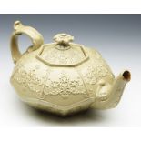 ANTIQUE ELABORATELY MOULDED DRABWARE TEAPOT 19TH C.