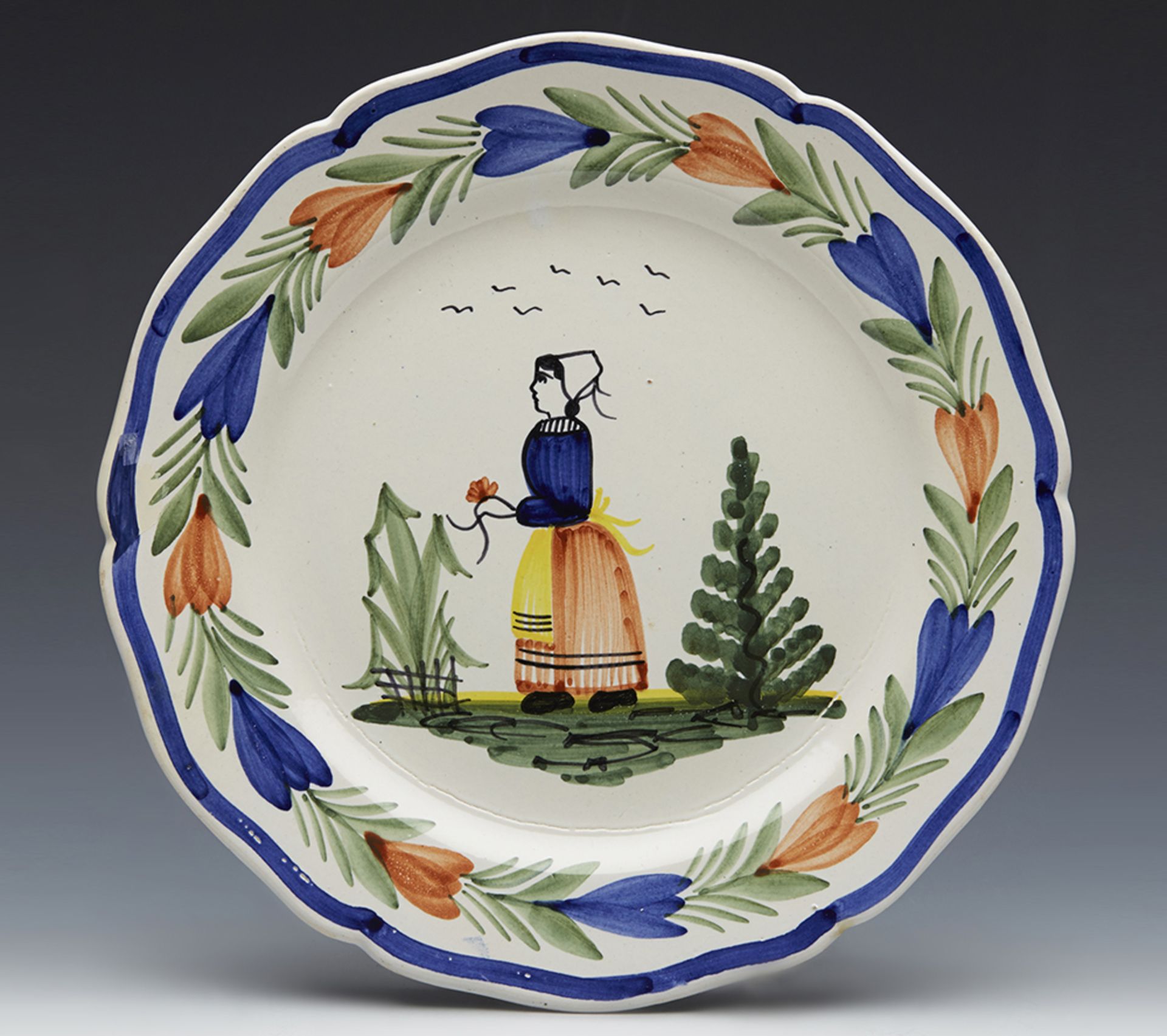 VINTAGE HENRIOT QUIMPER FAIENCE BRETON LADY PLATE 20TH C. - Image 8 of 8