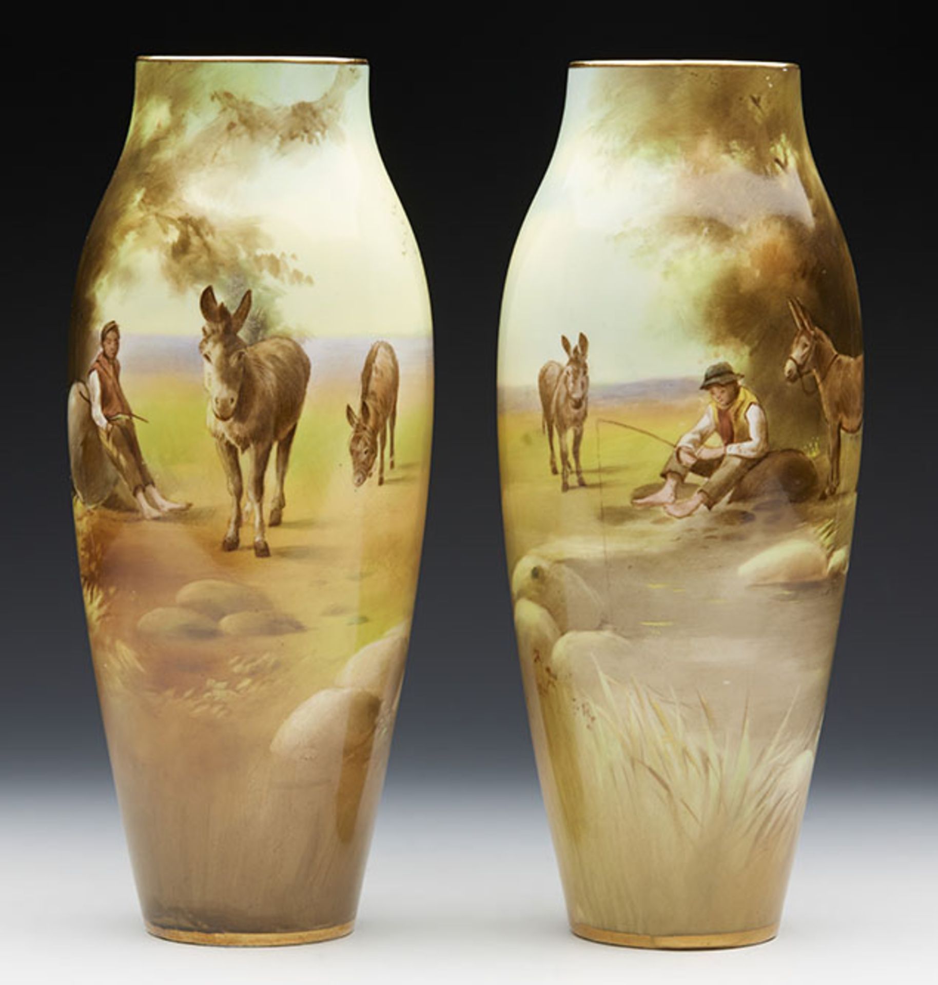 PAIR ROYAL DOULTON HAND PAINTED BOY WITH DONKEYS VASE C.1920