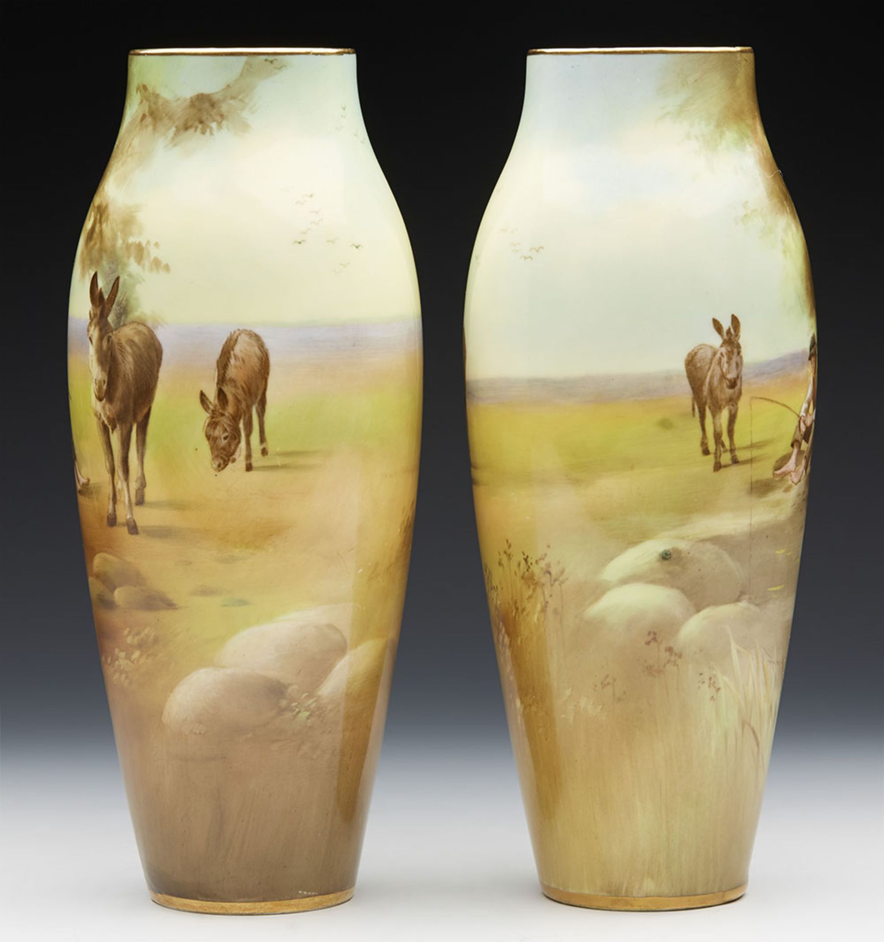 PAIR ROYAL DOULTON HAND PAINTED BOY WITH DONKEYS VASE C.1920 - Image 3 of 10